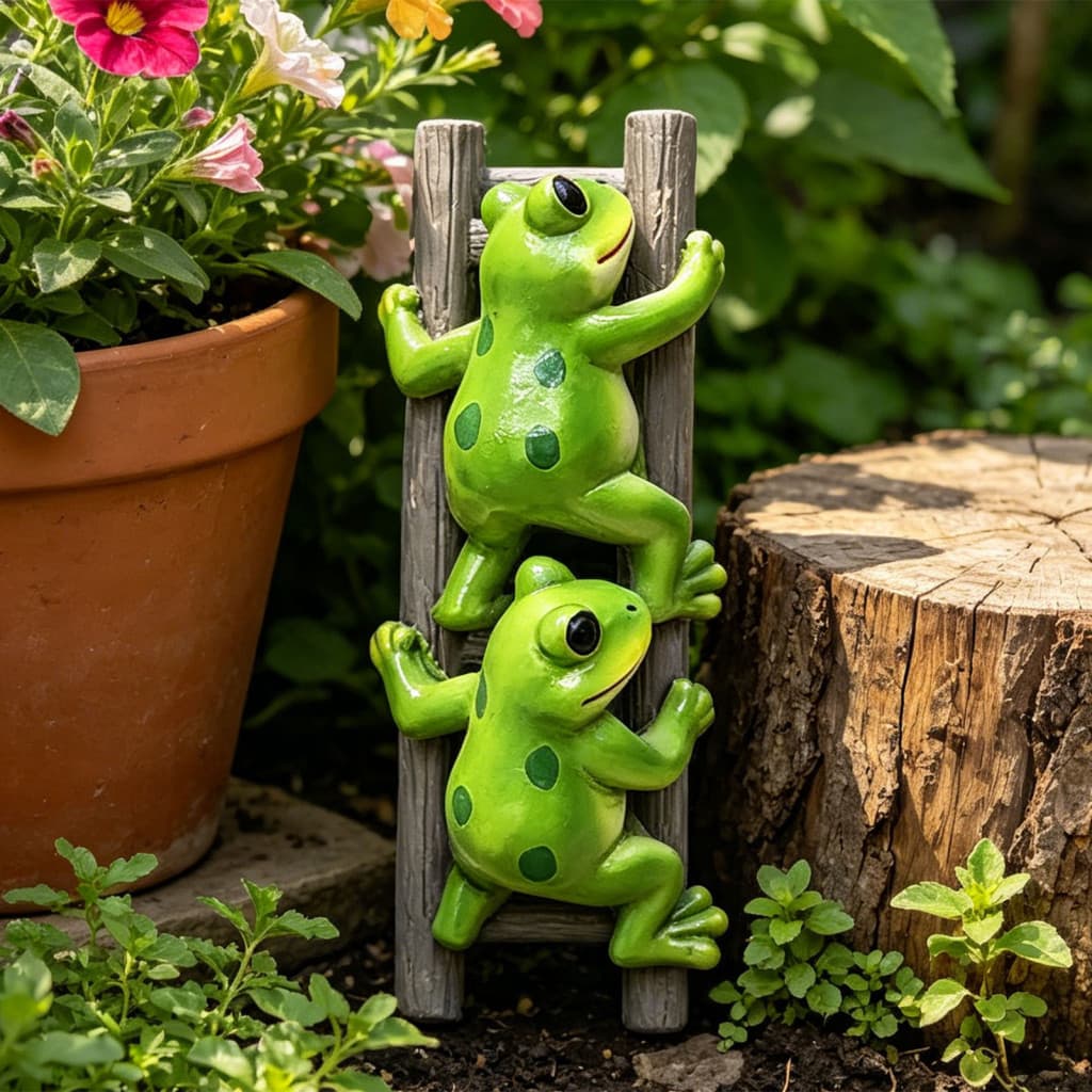 Funny Frog Garden Statue Cute 2 Frogs Climbing Ladder Resin Figurine Sculpture Plant Pot Decoration for Balcony Lawn She