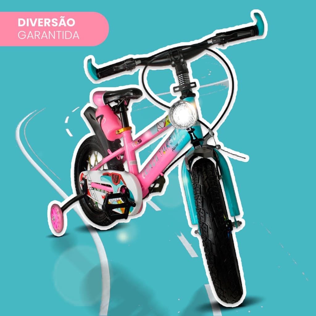 Bicicleta Infantil Menina 3-7 Anos Aro 14 com LED nas Rodinhas + Farol + V-Brake + Pneu Cross + Paralama + Garrafinha