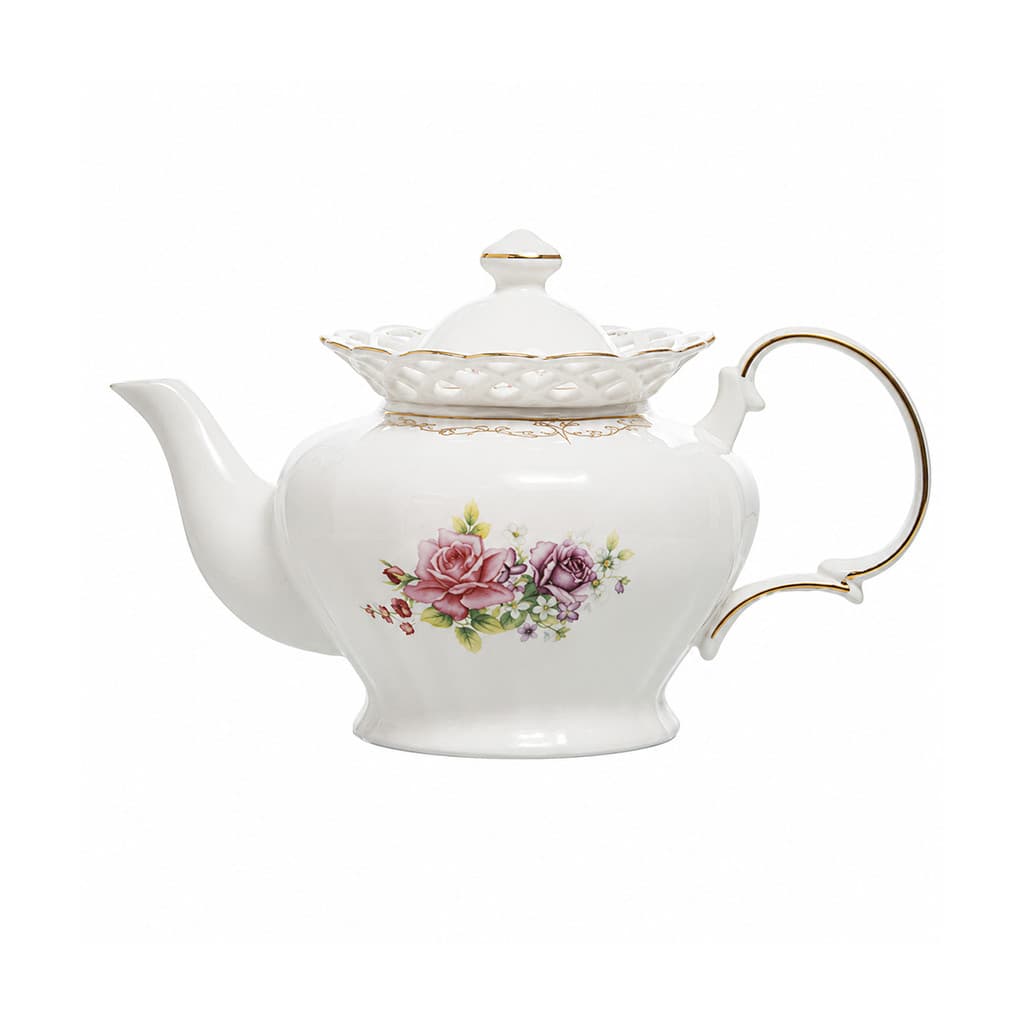 Bule Mon Cheri 1,1L Porcelana Branca Borda Dourada Luxo
