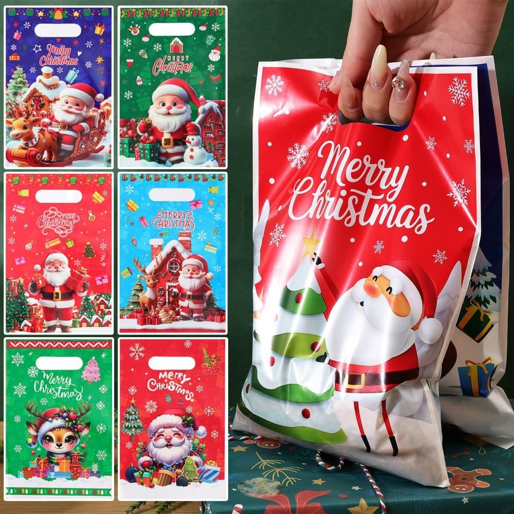 50 Pçs Flocos De Neve Papai Noel Impresso Saco De Doces Natal Requintado Sacos De Presente Portátil Festa De Biscoitos E