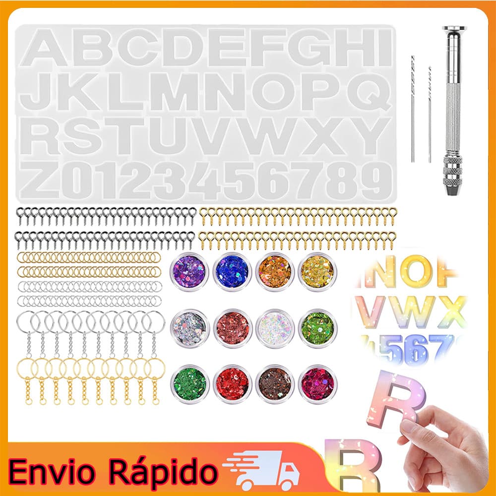 conjunto de moldes de letras e números em silicone (236 peças) para decoração de porta-chaves diy em resina