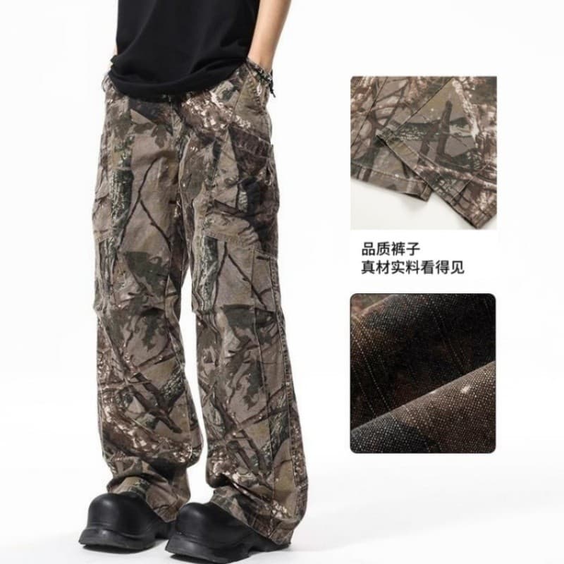 Oink oink novo estilo ramo impressão macacão grande bolso reto calças de perna larga feminino vava mesmo estilo