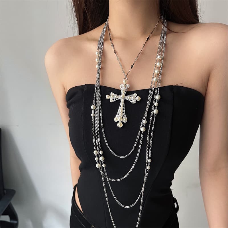 Punk indústria pesada ins estilo Multi-camada corrente cruz empilhamento colar nicho High-End Design quente menina claví
