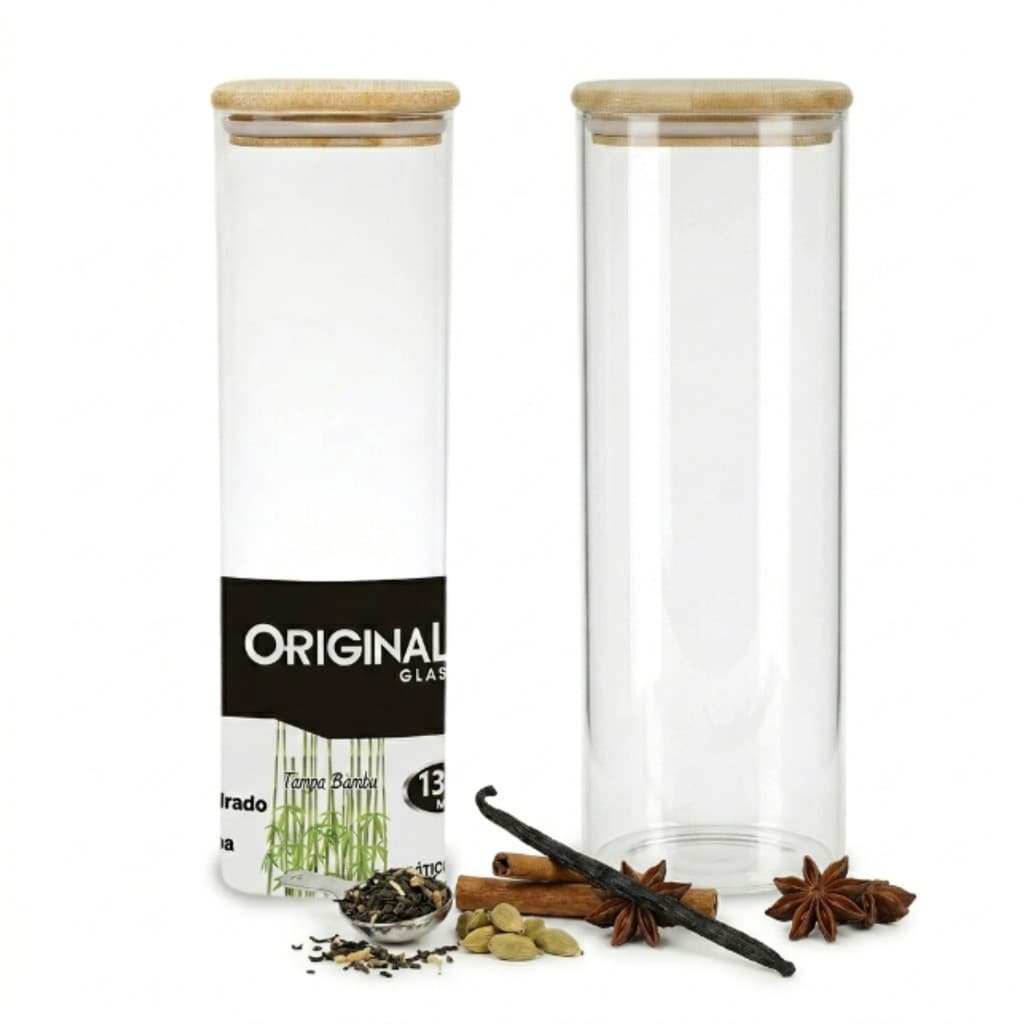 Pote Hermético Vidro 1350ml Quadrado Tampa Bambu Organizador De Alimentos