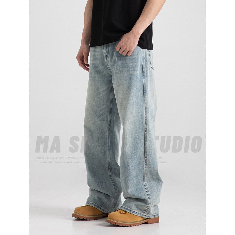 Americano Retro cleanfit solto esfregar cor clara em linha reta A perna larga Jeans masculino Street Wear calças bonitas