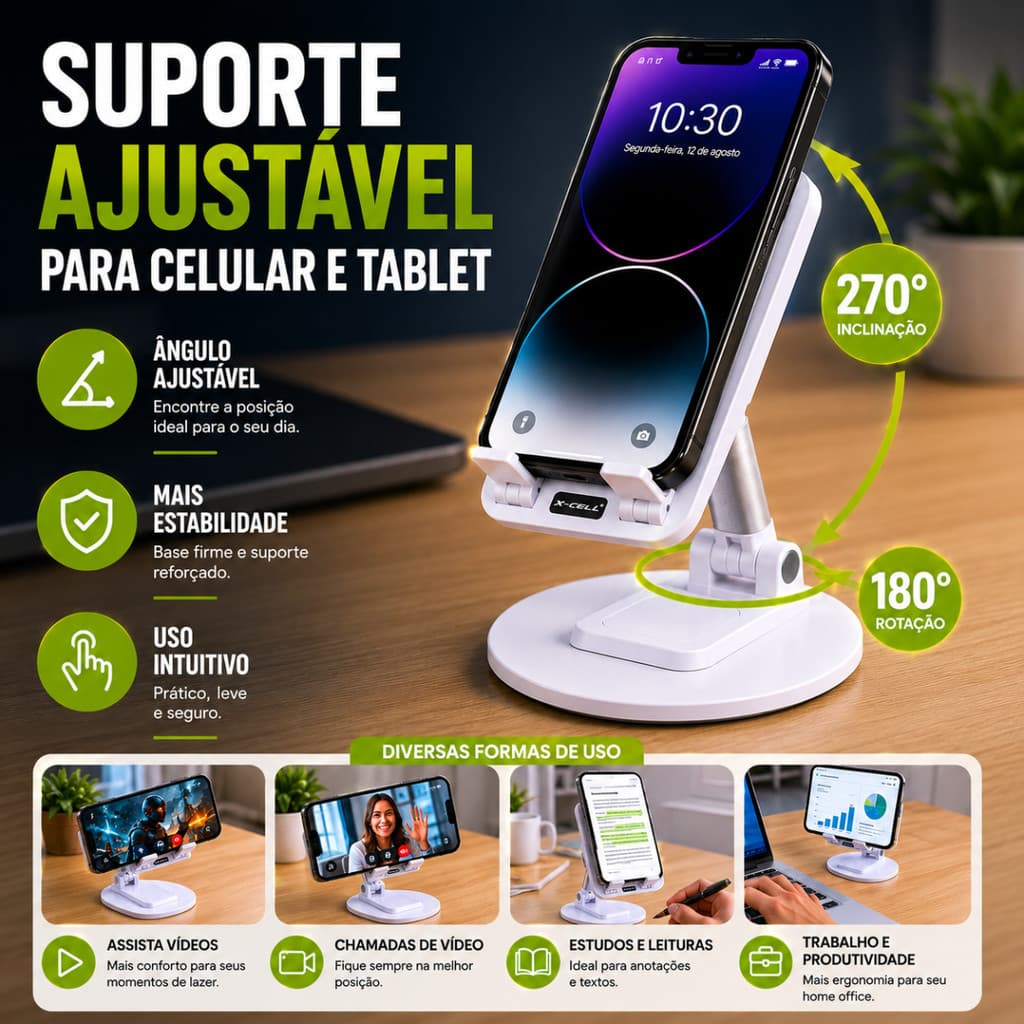 Suporte De Mesa Para Celular De Tablet Ajustável Dobrável 360° Branco Universal