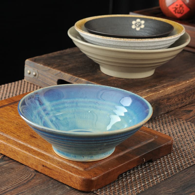 Chinês Retro forno-torrado azul colorido tigela de sopa grande tigela de macarrão cerâmica trompete chapéu tigela profun