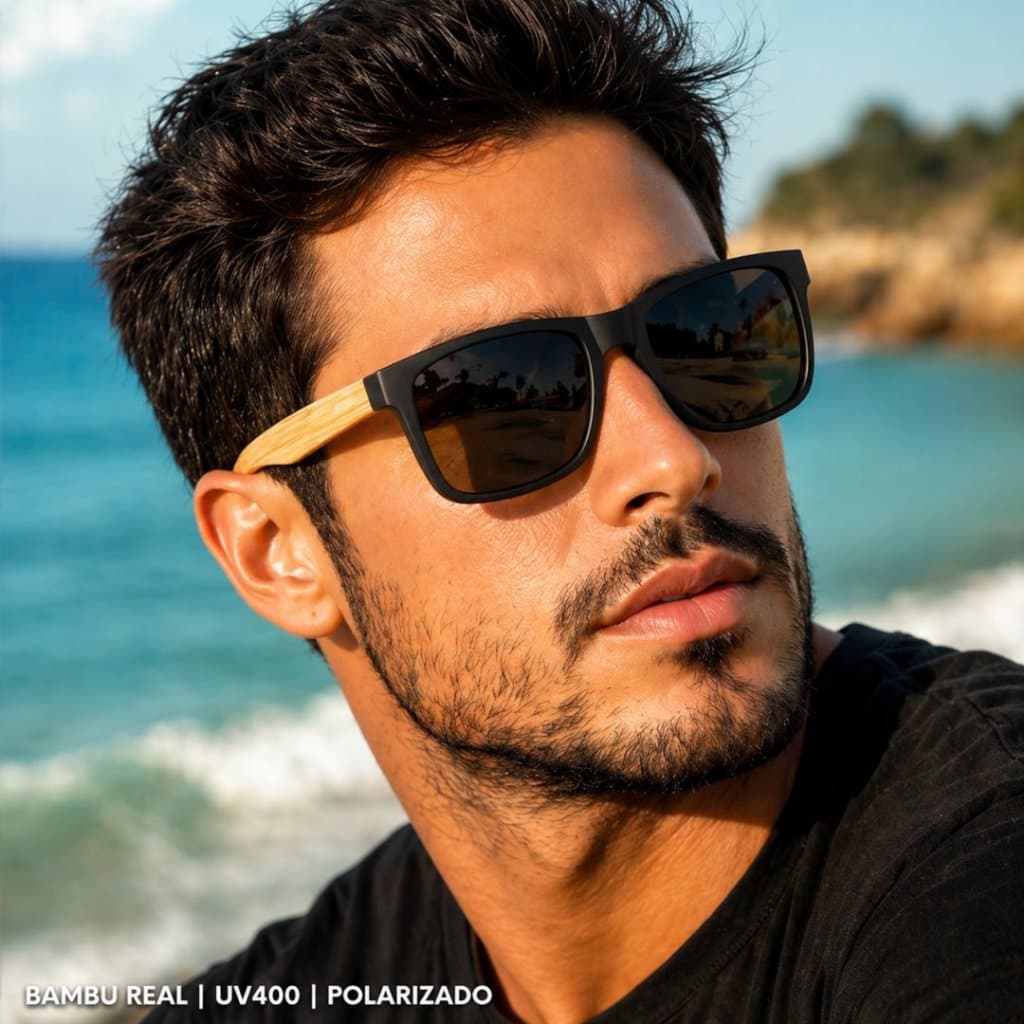 Óculos de Sol de Madeira Hastes Bambu Premium Masculino Proteção UV400 Polarizado Estiloso Moda