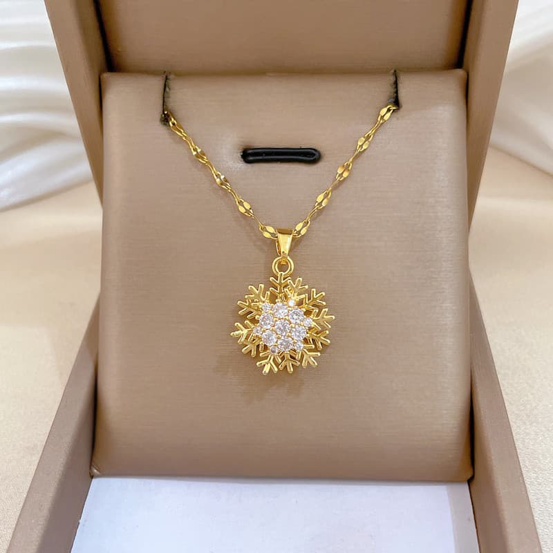 Colar de Floco de Neve em Aço Inoxidável Dourado com Cristais - Presente Elegante
