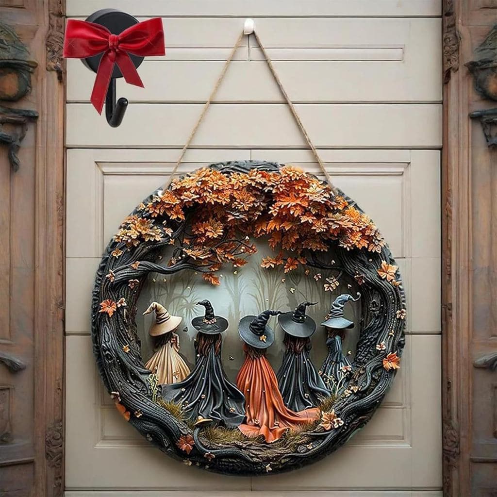 Placa de porta de Halloween criativa em madeira redonda, placa de madeira com padrão de bruxa em 2D, decoração de festa.