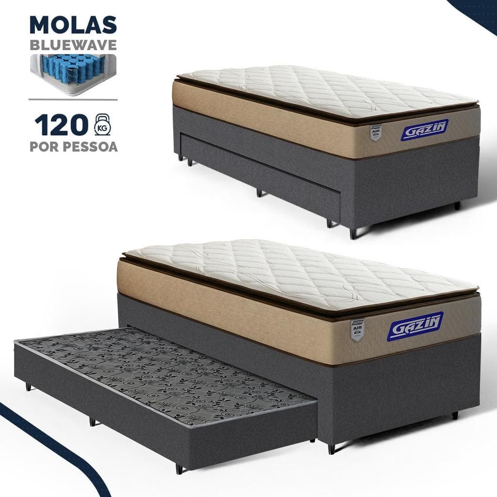 Cama Box com Colchão Gazin de Molas Ensacadas Pillow Top Air Pro + Auxiliar de Espuma Solteiro 88cm