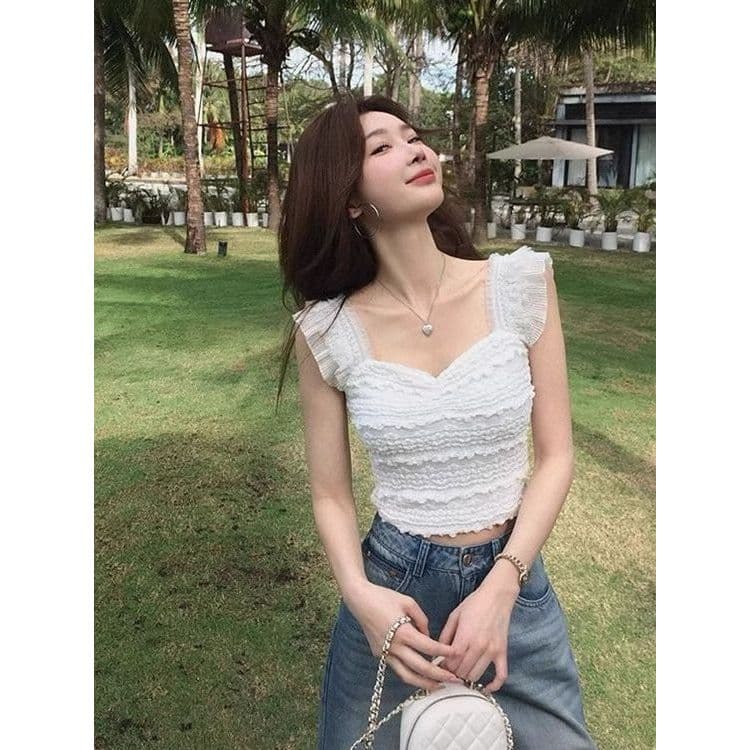Estilo coreano puro desejo colete de renda branca estilingue feminino exterior usar verão pequenas mangas voadoras bonit