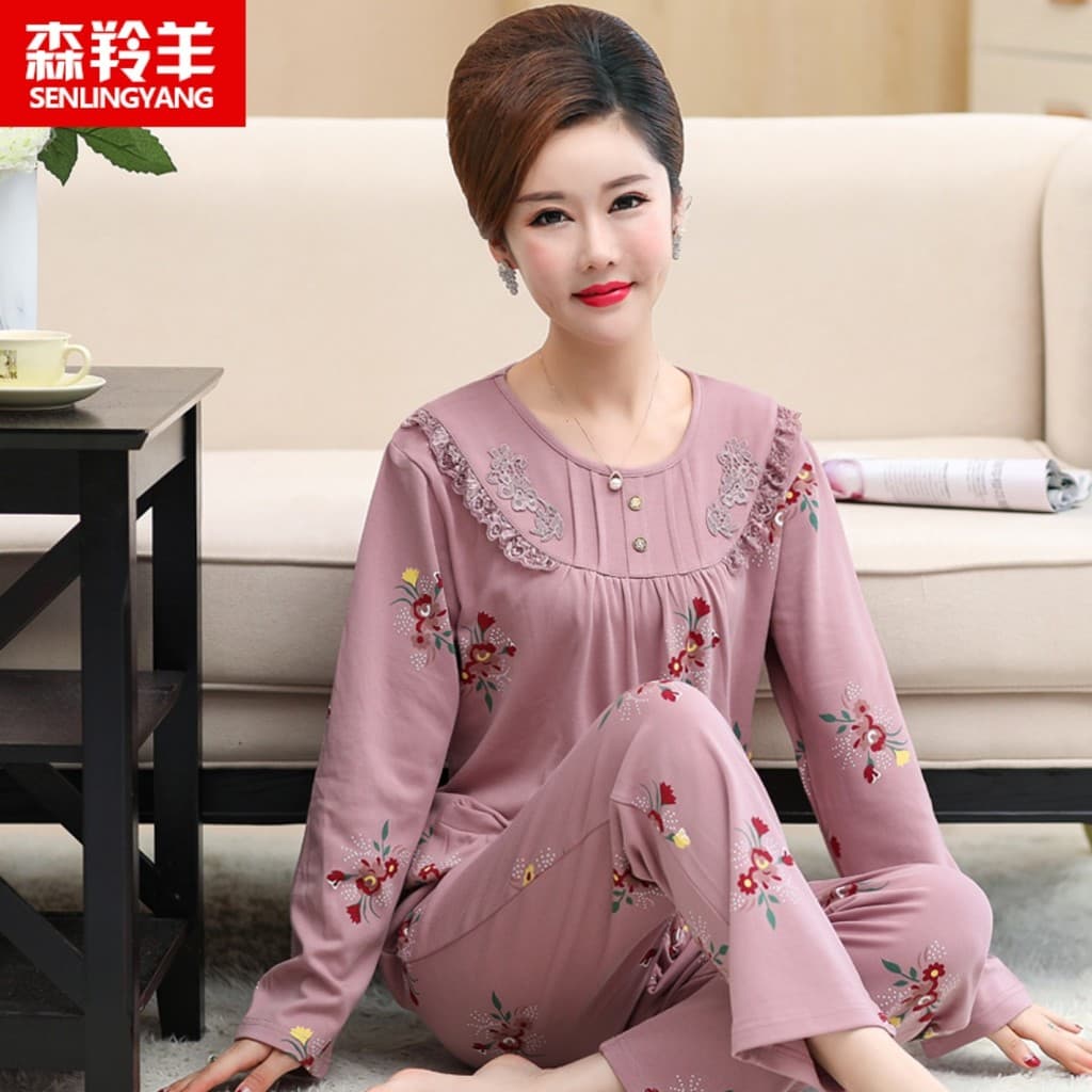 Pijamas para idosos de meia-idade, mulheres, primavera, outono, mães de meia-idade, algodão puro, manga comprida, outono