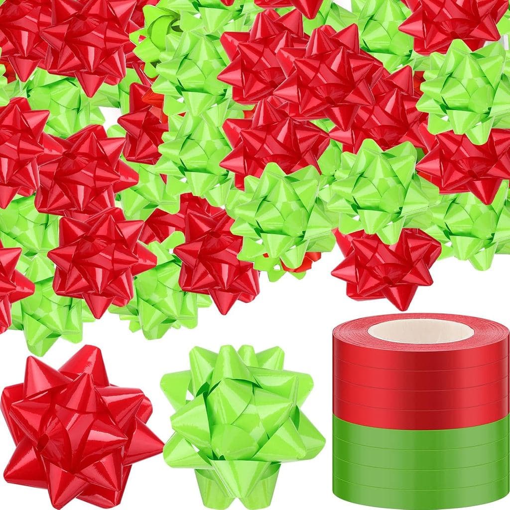 Riceshoot 48 Laços de Presente de Natal Autoadesivos com 8 Rolos de Fitas para Enrolar, Laços Metálicos de Natal de 3 po