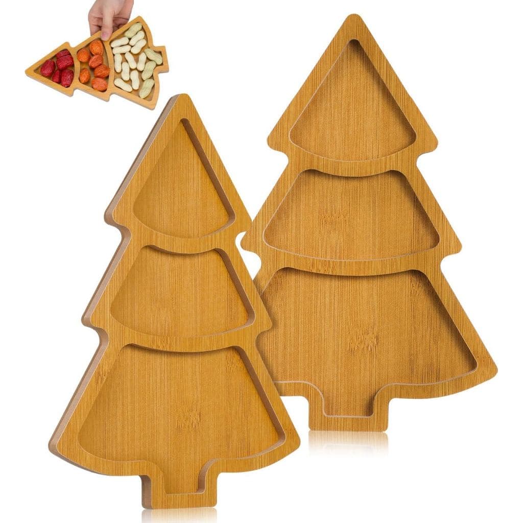 2 Pratos de Servir de Madeira em Forma de Árvore de Natal - Bandejas com Múltiplos Compartimentos para Frutas, Nozes, Ap