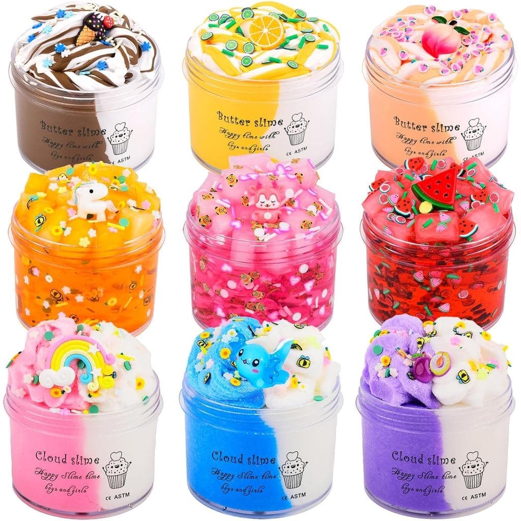 Kit de Slime com 9 Peças, incluindo 3 Slimes Crocantes em Cubos de Gelatina, 3 Slimes de Manteiga e 3 Slimes Nuvem, Maci