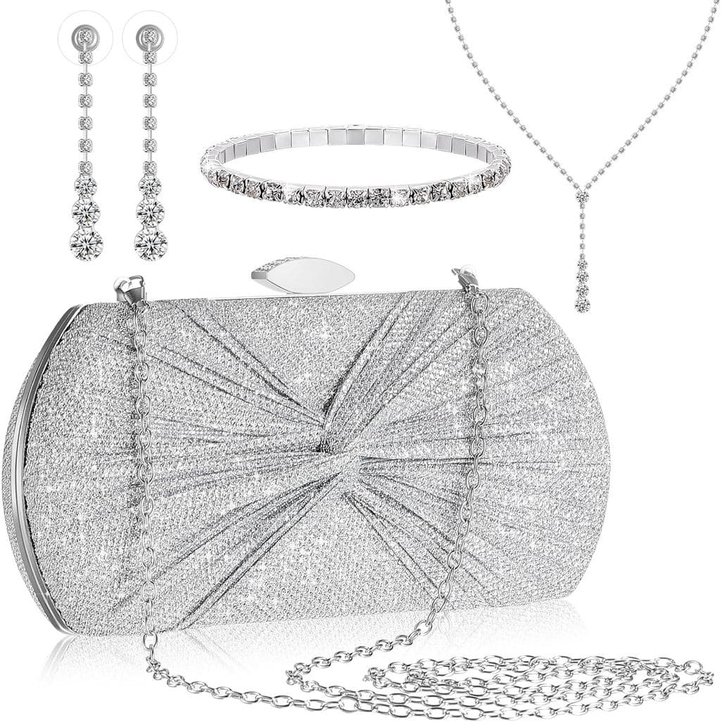 Blosssound Conjunto de Joias de 4 Peças em Prata para Mulheres Inclui Bolsa de Mão com Strass, Colar de Cristal, Brincos