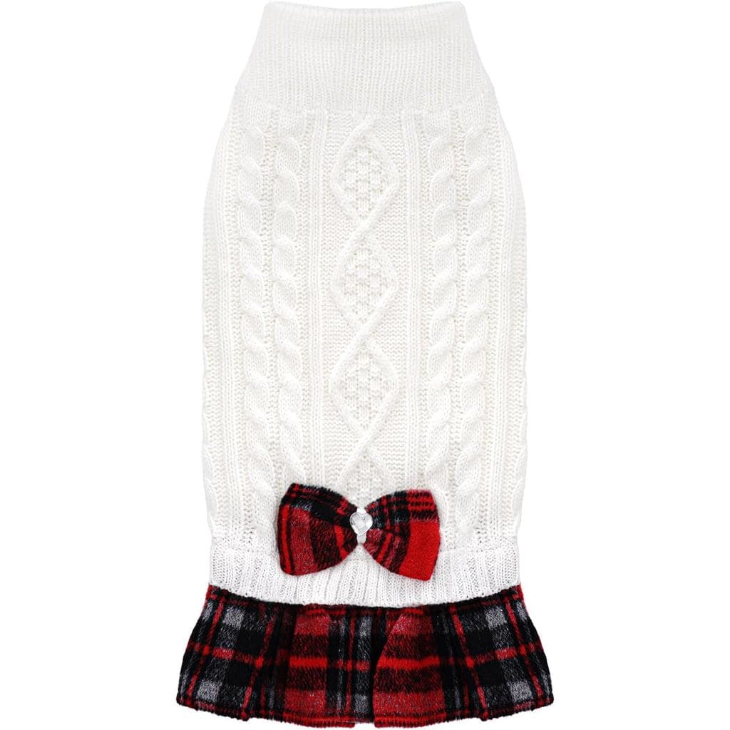 Vestido Suéter Branco para Cães Sucrain com Laço Vermelho, Pulôver de Gola Alta, Vestido de Cão Tricotado, Suéter Quente