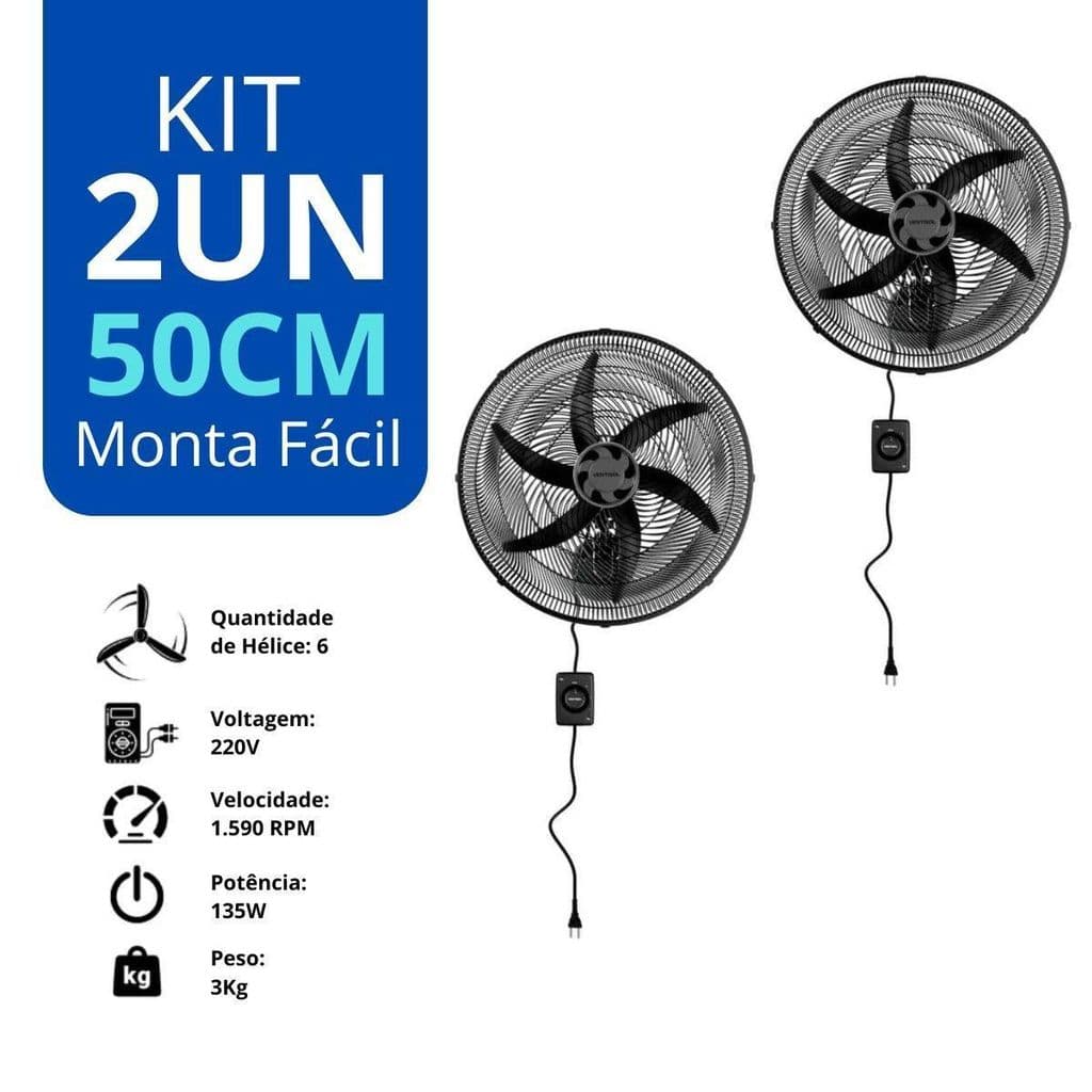 Kit 2 Ventilador de Parede Oscilante Monta Fácil 50cm Preto 6P 220V Premium Ventisol