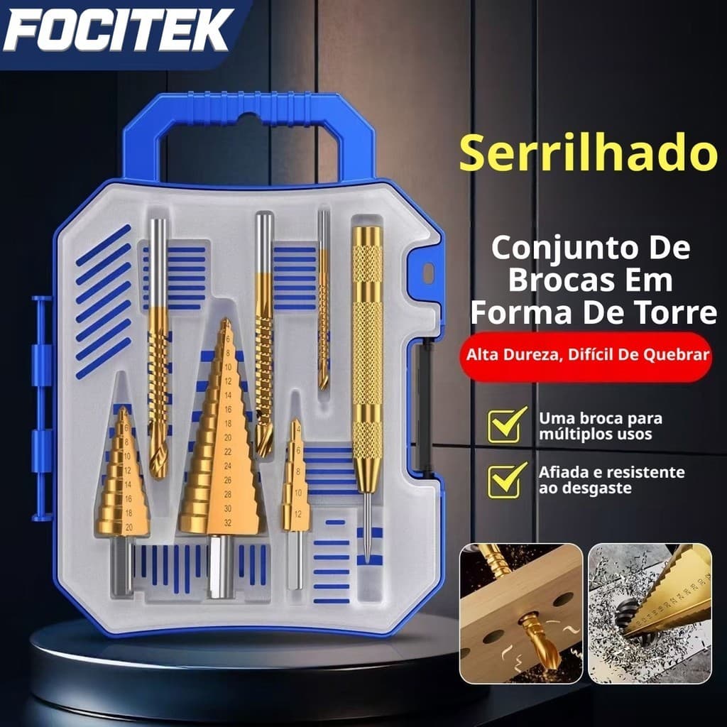 KIT 7 PEÇAS BROCAS ESCALONADAS HSS, P/ FURAÇÃO EM METAL, MADEIRA E PLÁSTICO
