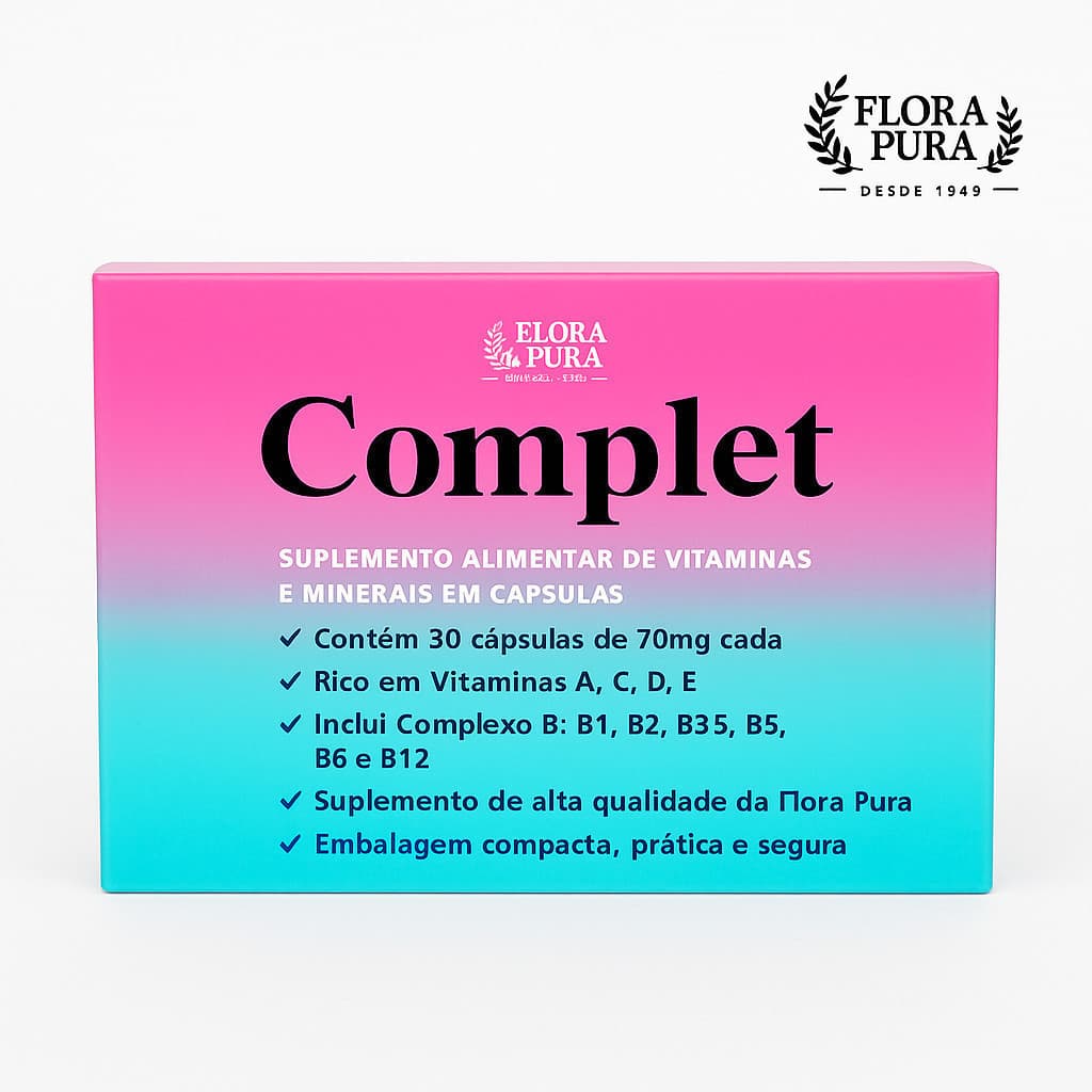 Complet Flora Pura 30 Cápsulas 750mg – Suplemento de Vitaminas e Minerais A C D E B1 B2 B3 B5 B6 B9 B12