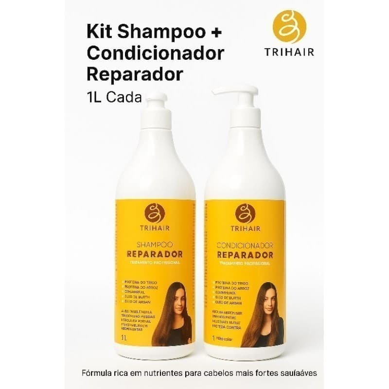 Kit Shampoo e Condicionador Reparador Trihair 1L Cada – Tratamento Profissional com Óleo de Argan, Buriti e Pantenol
