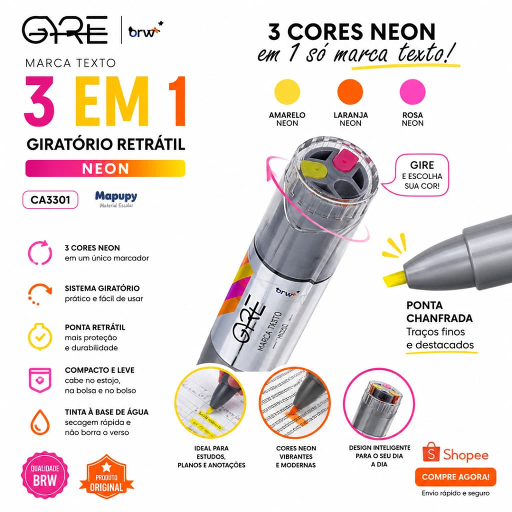 Marca Texto 3 em 1 Gyre Neon Retrátil Giratório 3 Cores CA3301 / BRW