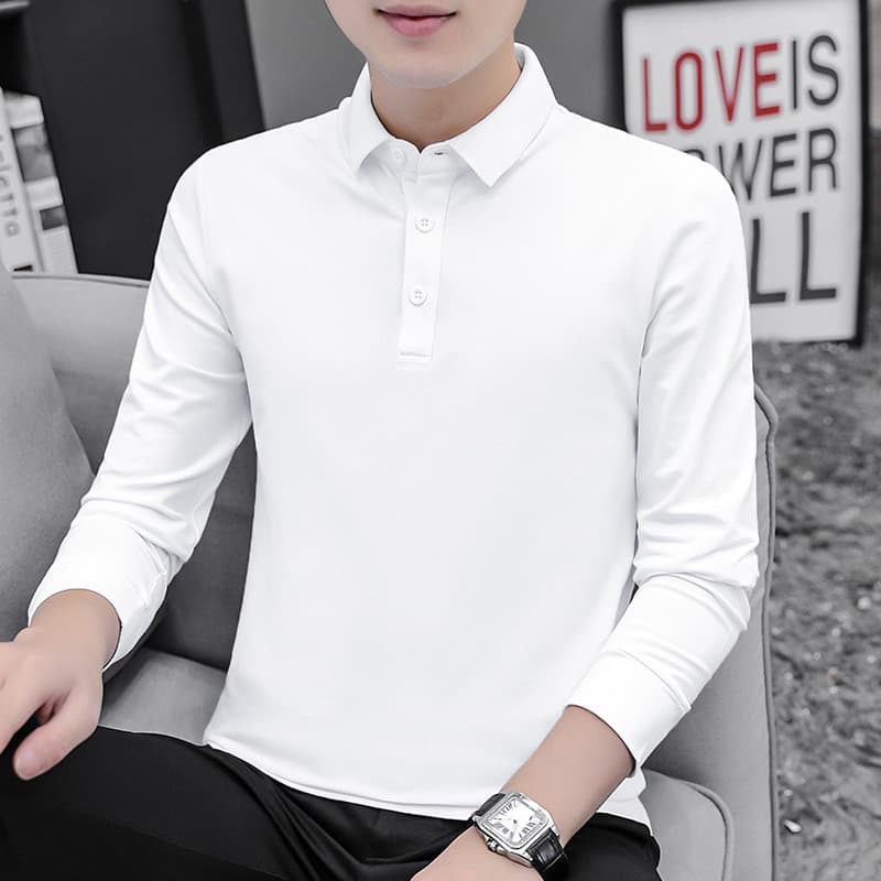 Outono lapela masculina de manga comprida camiseta cor sólida negócios Paul camisa polo com gola branca roupas de outono