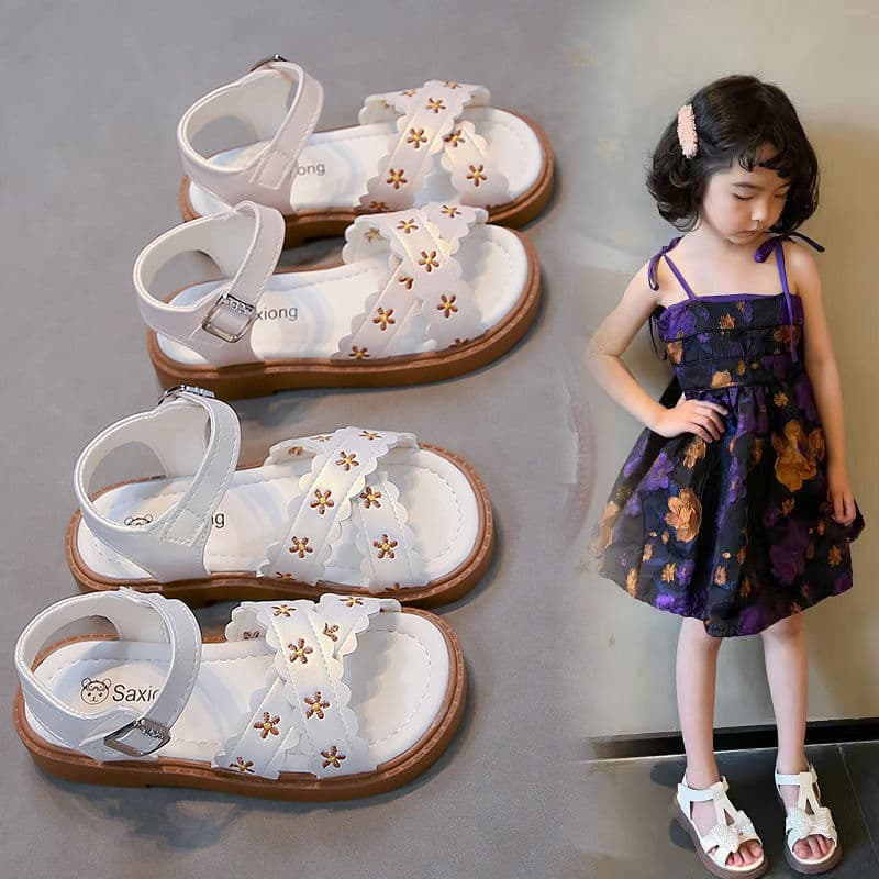 Meninas sandálias verão novo estilo moda estilo ocidental bordado flores meninas sapatos de princesa sola macia Anti-des