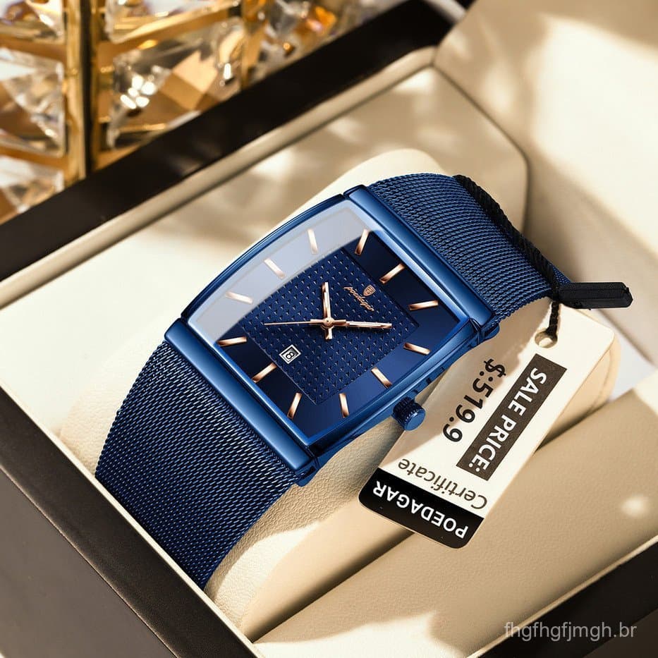 Relógio de Pulso Masculino F8IL POEDAGAR Retangular de Aço Inoxidável com Pulseira de Malha, Luminoso, à Prova d'Água, c