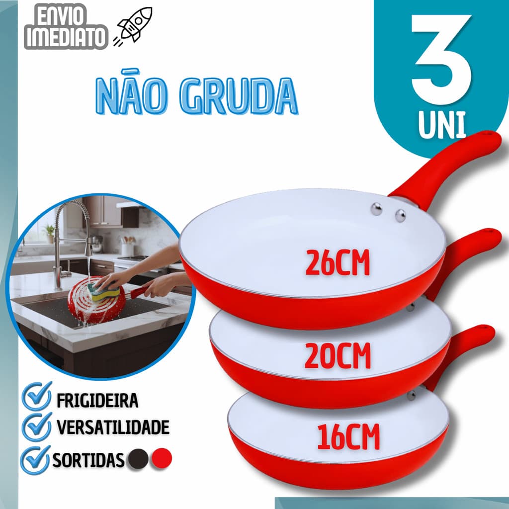 Combo Frigideiras Cerâmica Antiaderente Sem Óleo Não Gruda 16/20/26cm Cor Sortidas Utilidades Panela de Fritar