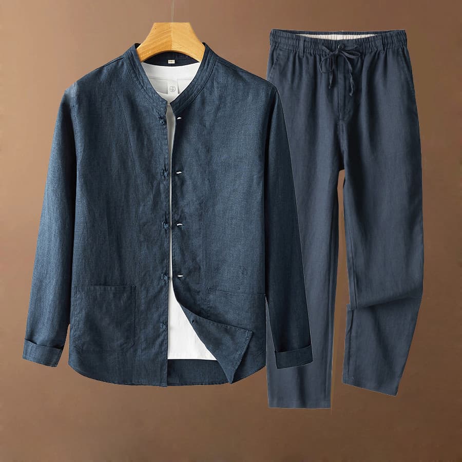 Terno de linho masculino outono camisa de manga comprida novo estilo chinês gola alta estilo chinês Casual terno de linh