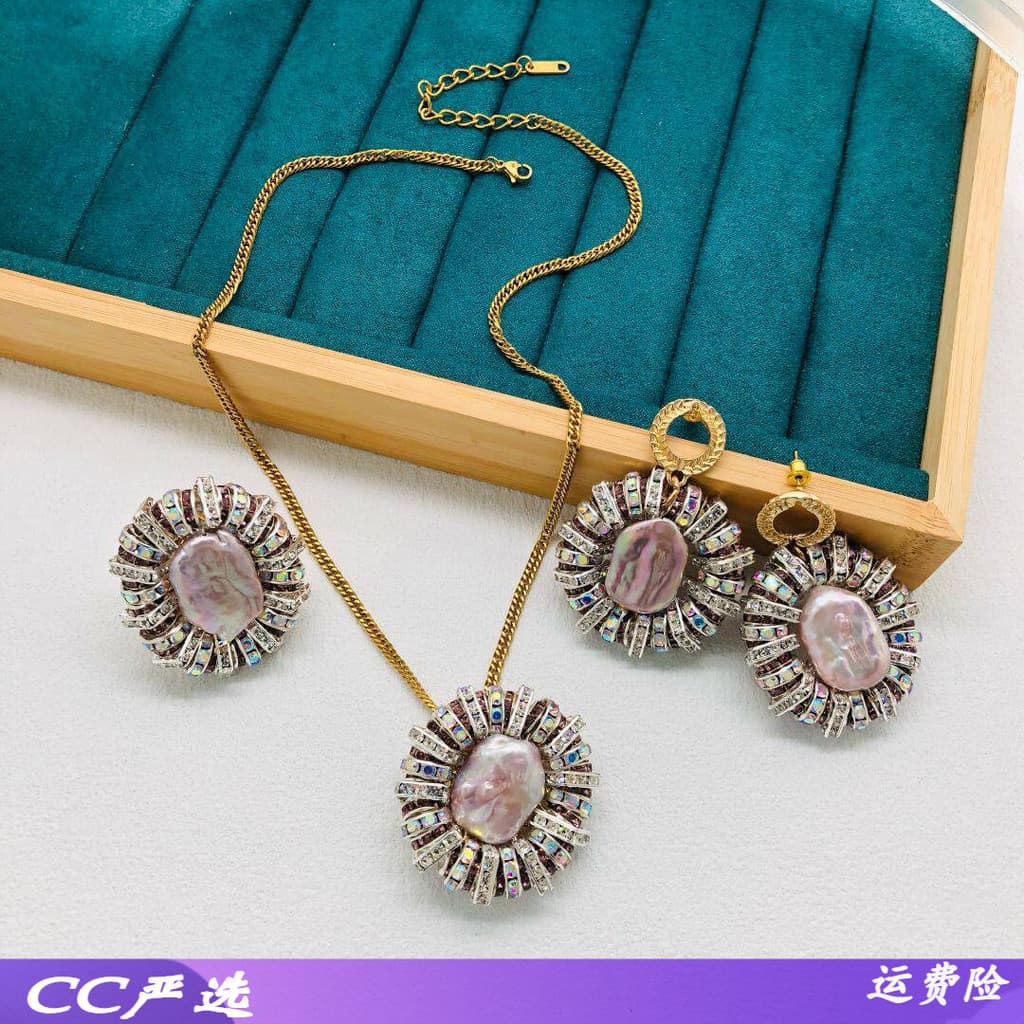 Roxo barroco pérola colar anel brinco conjunto moda Flash diamante luz luxo senhoras jóias fabricante
