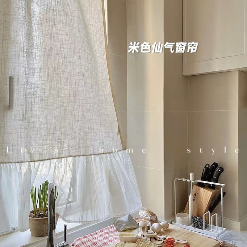 Bege fio de linho algodão linho quarto pequena janela cortina curta estilo japonês porta cortina Nordic cozinha meia cor