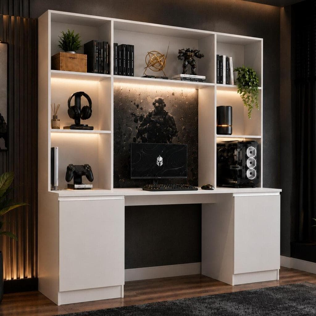 Mesa Gamer com Estante 2 Portas e 5 Prateleiras Smart Multimóveis MP6097
