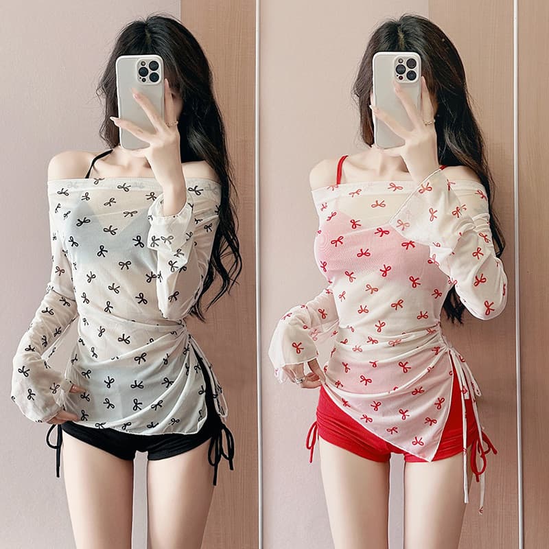 Novo estilo ligeiramente gordo conjunto de três peças estrela impresso maiô feminino manga comprida protetor solar mais