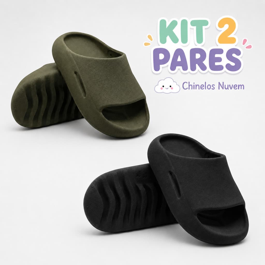 Kit 2 Pares Chinelo Nuvem Verde e Preto Infantil Slide Leve Confortável Macio Meninos Meninas