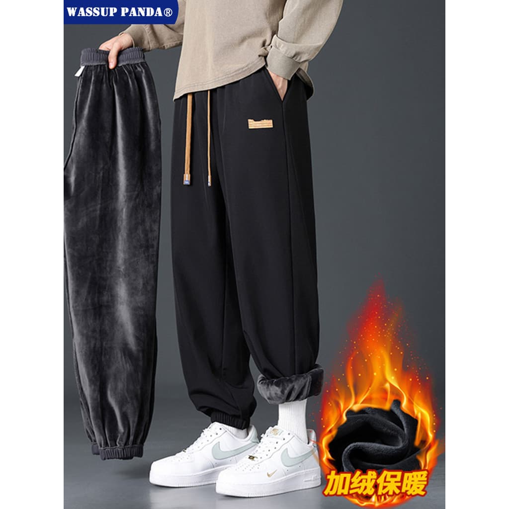WASSUP PANDA Fleece-Fleece Calças Homens Outono Inverno Calças de Algodão Quente Engrossado Pé-Leggings Esportes Sweatpa
