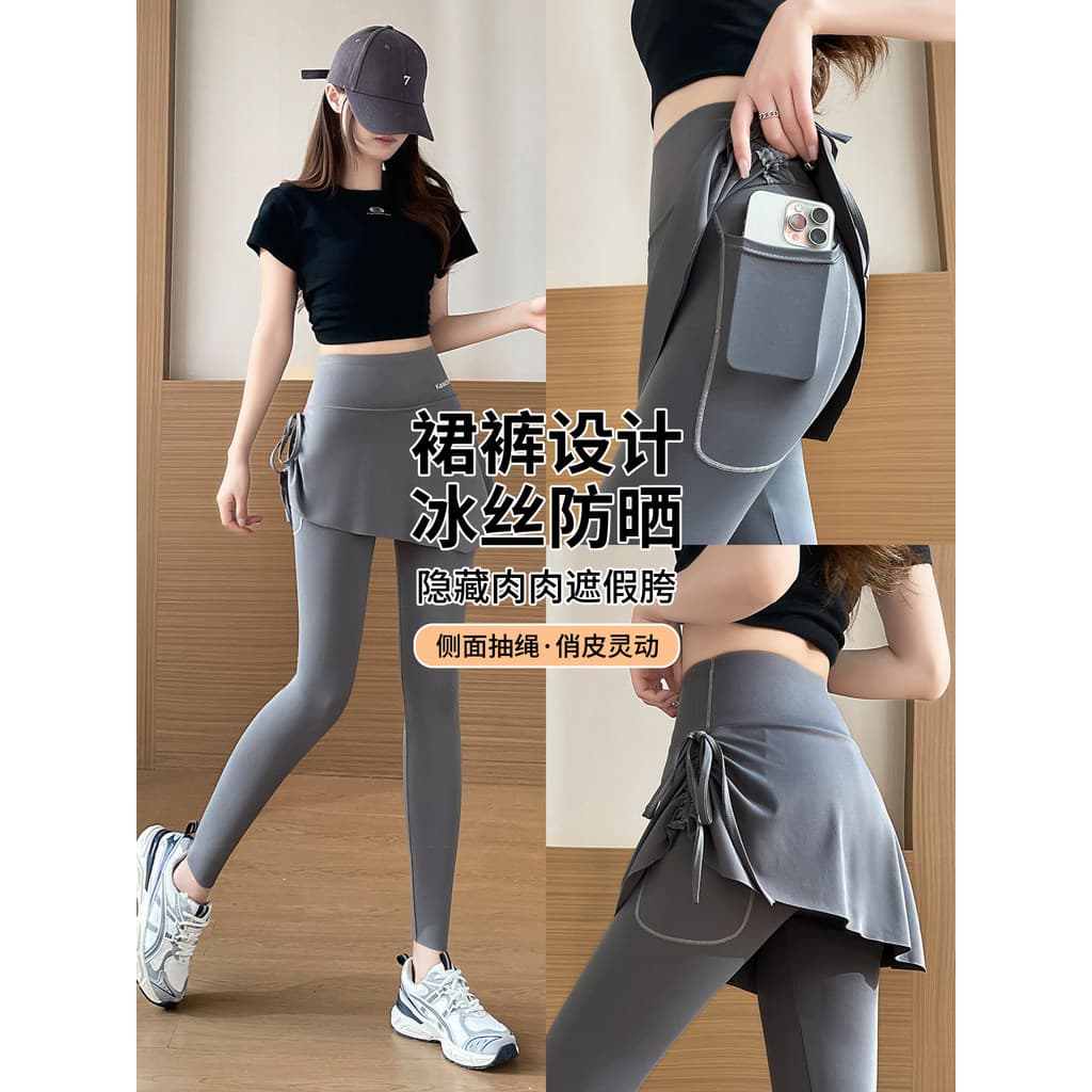 Calças de tubarão falsas de duas peças de seda gelo, roupa externa feminina 2026, novo estilo, corrida, Fitness, cortina