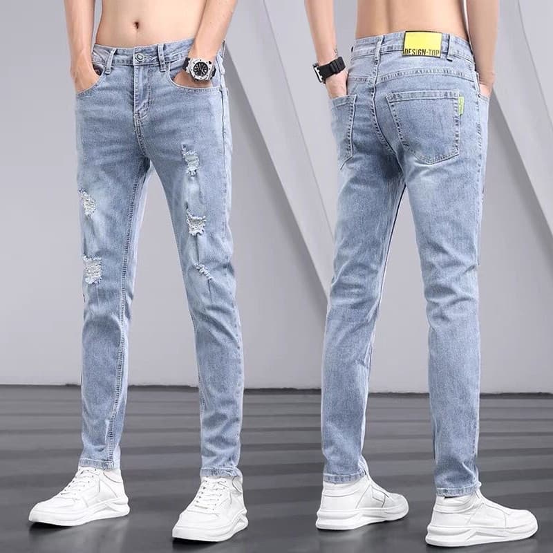 Outono inverno rasgado Jeans masculino elástico magro-ajuste calças magras Street Wear 2025 novo estilo cor clara calças