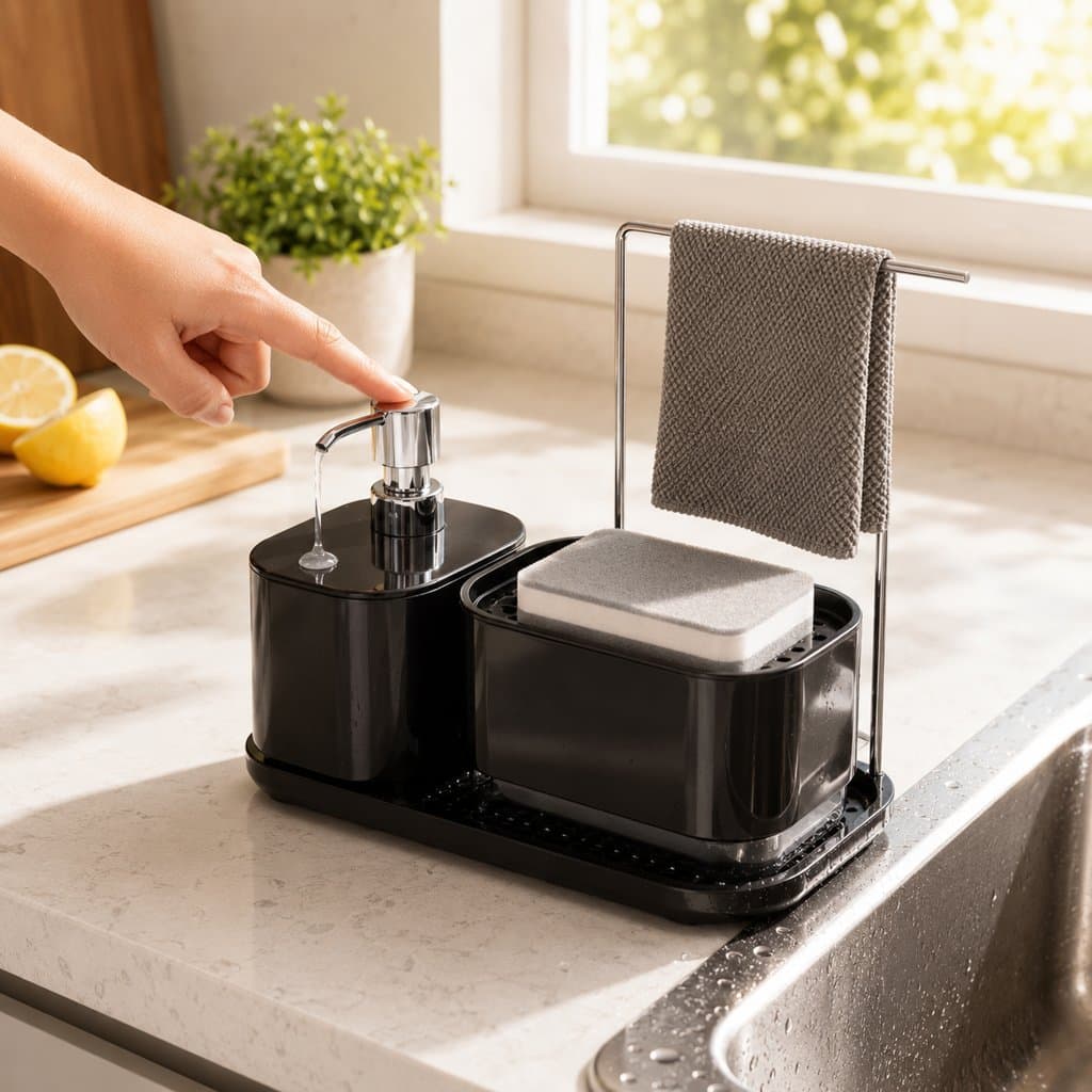 Kit organizador de cozinha: dispenser de sabonete manual + suporte de pano + dispenser de detergente