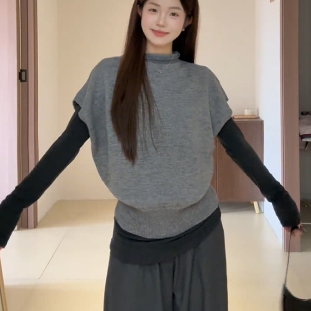 Cinza meia gola alta colete de malha feminino outono inverno estilo preguiçoso solto sem mangas em camadas camisola cole