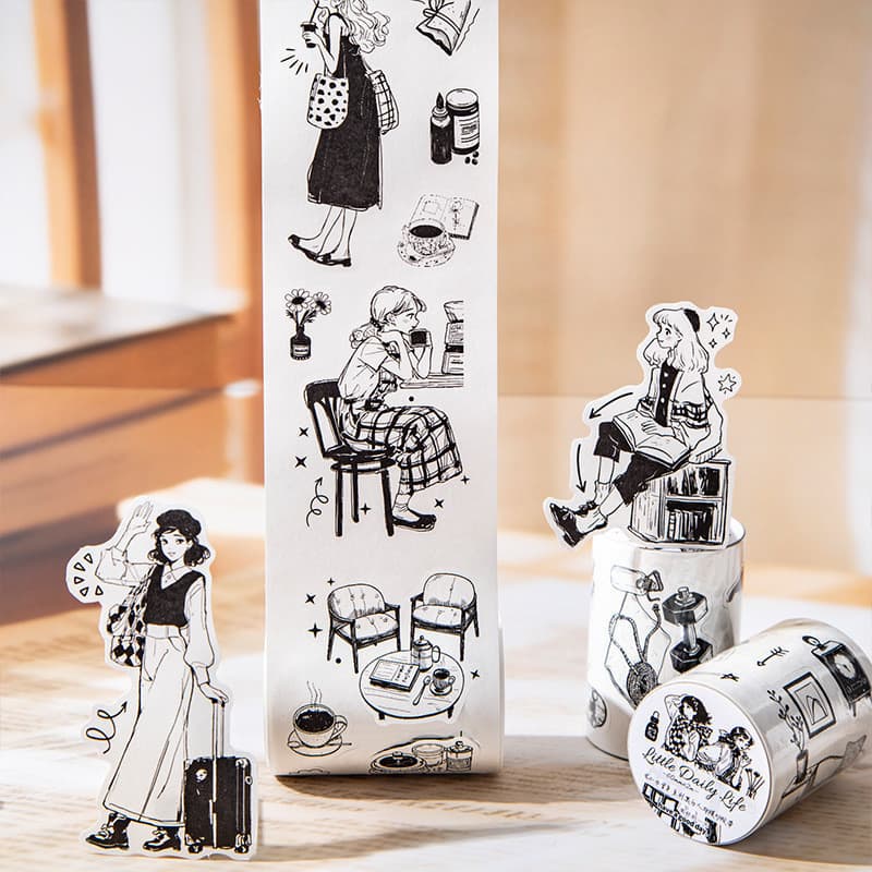 Adesivos De Fita Washi Pré-Cortados Para Scrapbooking Personagens Preto E Branco Pessoas Journaling Girl Pattern Adesiva