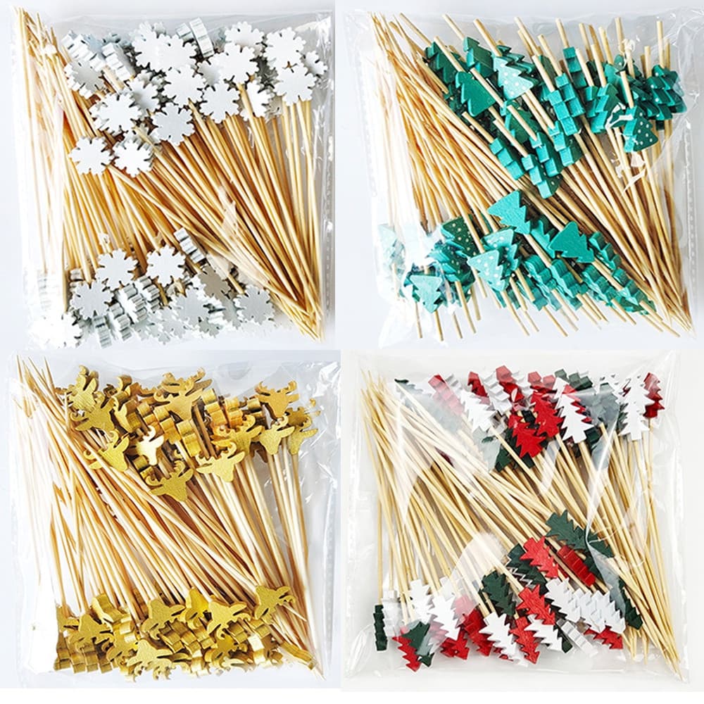 100Pcs Espetos De Bambu Descartáveis De Natal Palitos De Alimentos Garfo De Frutas Festa Bolo De Sobremesa Dente