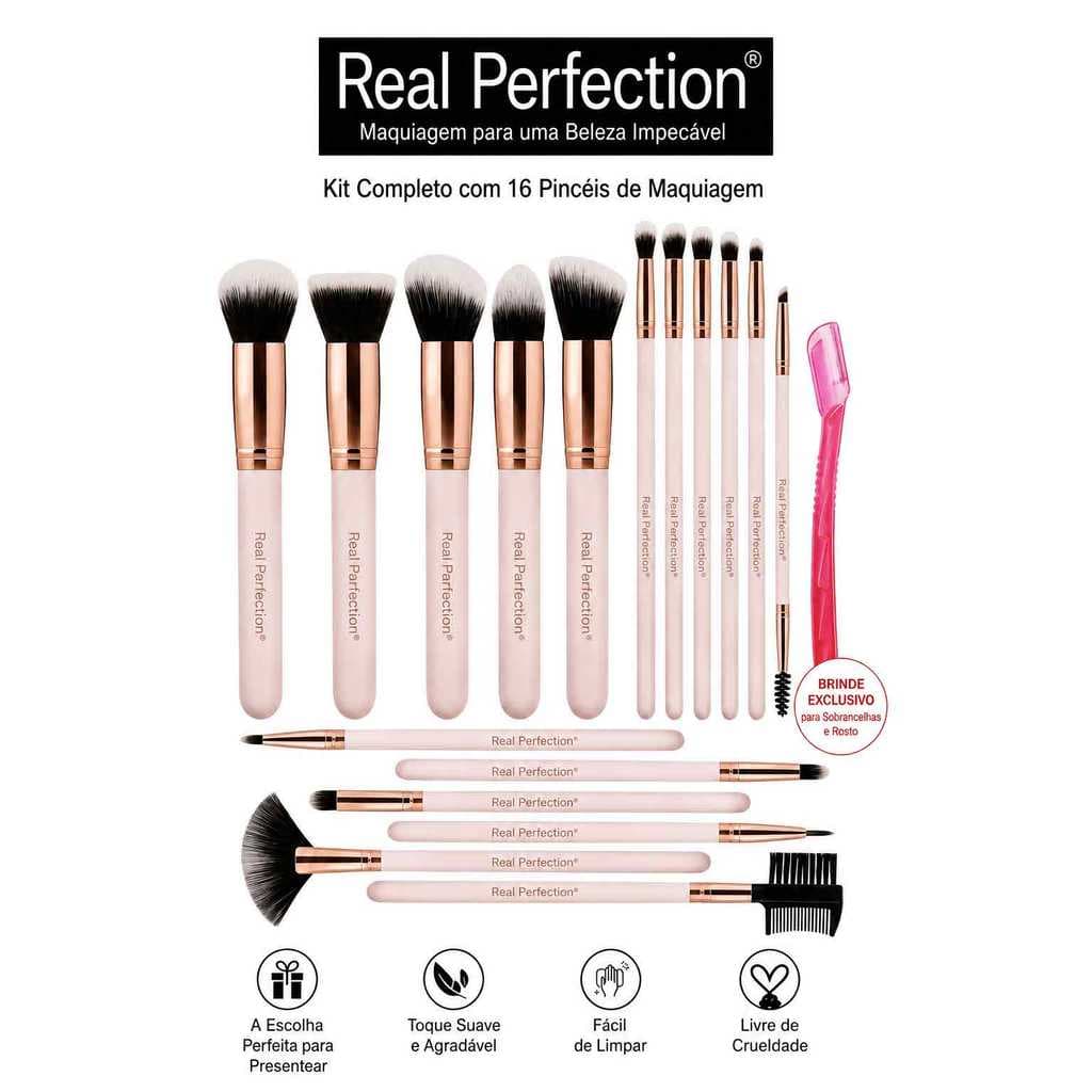 Kit Pincéis de Maquiagem Real Perfection 16 Peças  Profissional Macio Base Blush Sombra com Navalha
