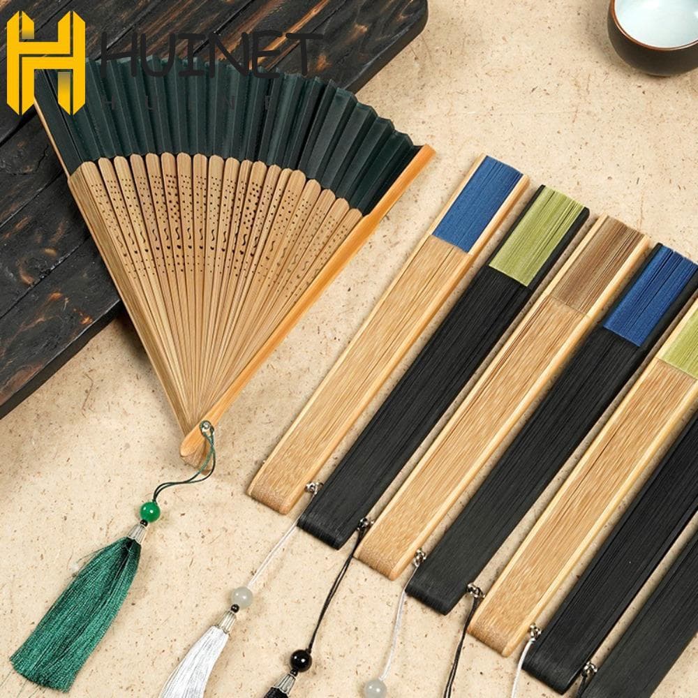Ventilador Dobrável De Bambu HUINET , Chinês Vintage Com Alça Esculpida , Portátil Leque De Dança Borla