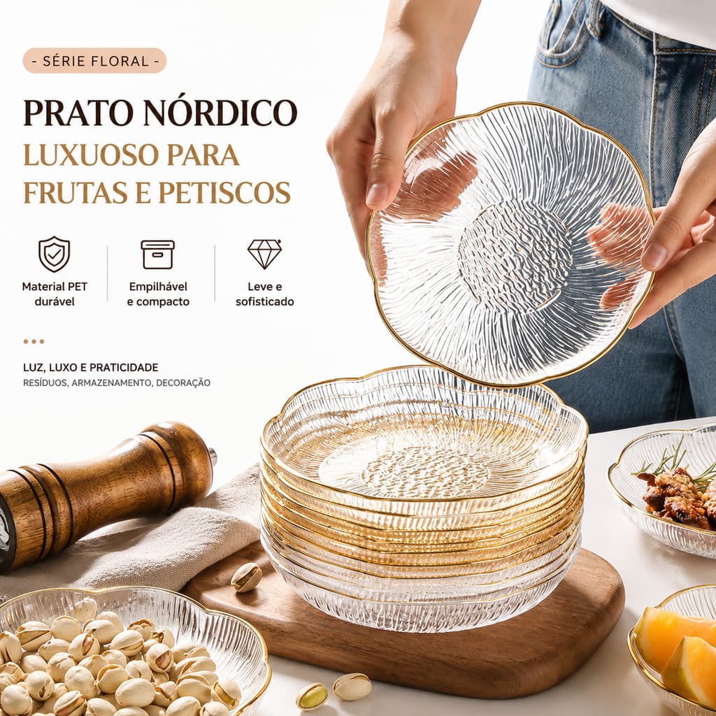 PRATO NÓRDICO SOBREMESA PETISCOS FRUTAS EM ACRÍLICO BORDA DOURADA FLORAL
