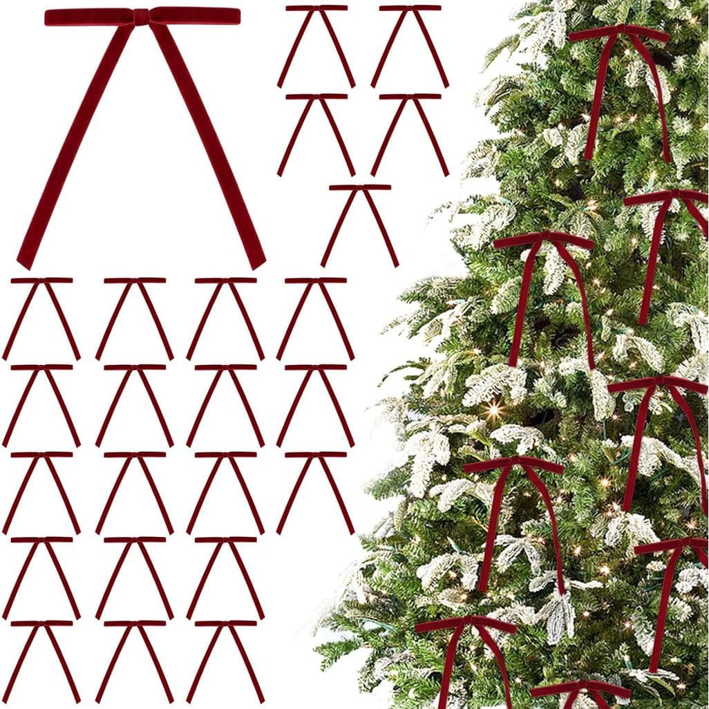 24 Laços de Veludo para Decoração de Árvore de Natal, Laços Vermelhos de Veludo, Enfeites para o Topo da Árvore, Guirlan