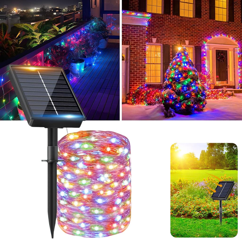Cordão de luzes solares com 480 LEDs, 100 metros de comprimento, ideal para decoração natalina externa, com 8 funções.