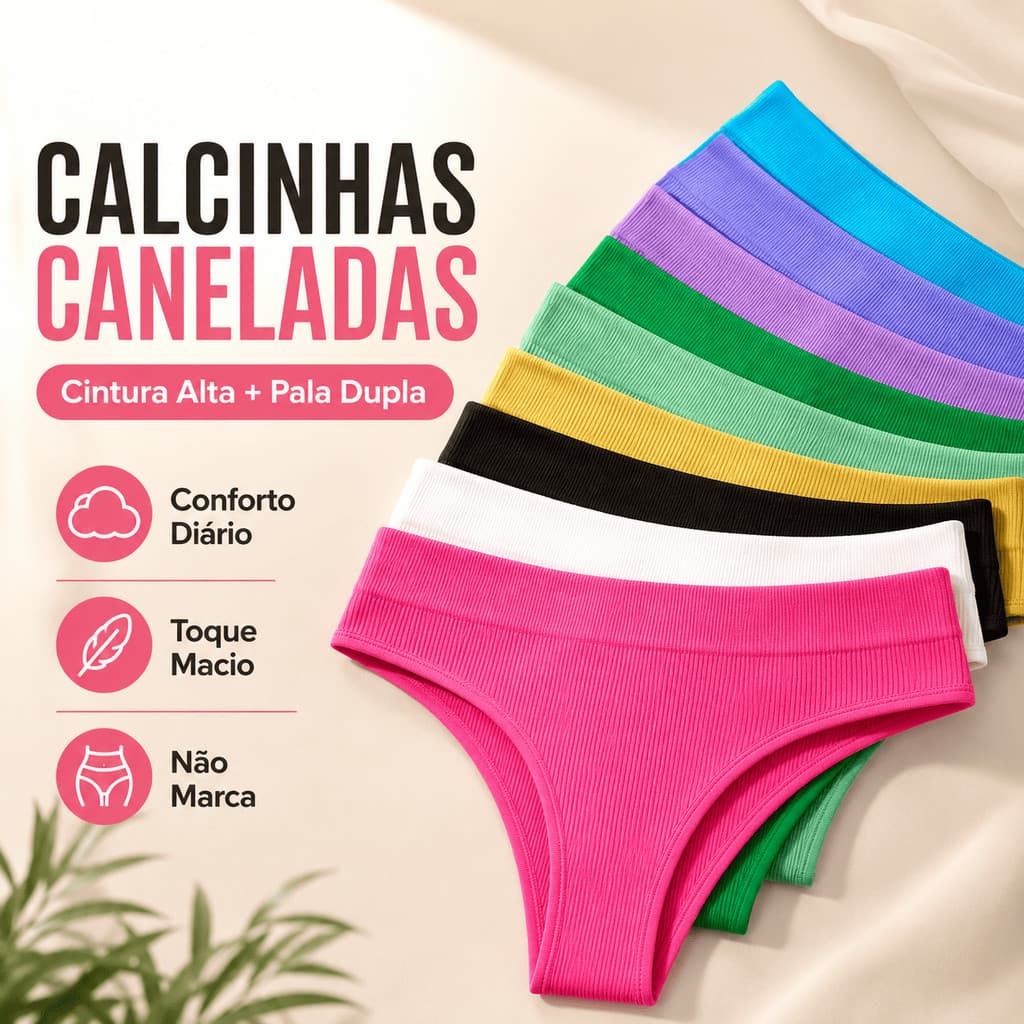 Kit Calcinhas Caneladas Importadas Fio Dental Cintura Alta Pala Dupla Sem Costura Não Marca Conforto